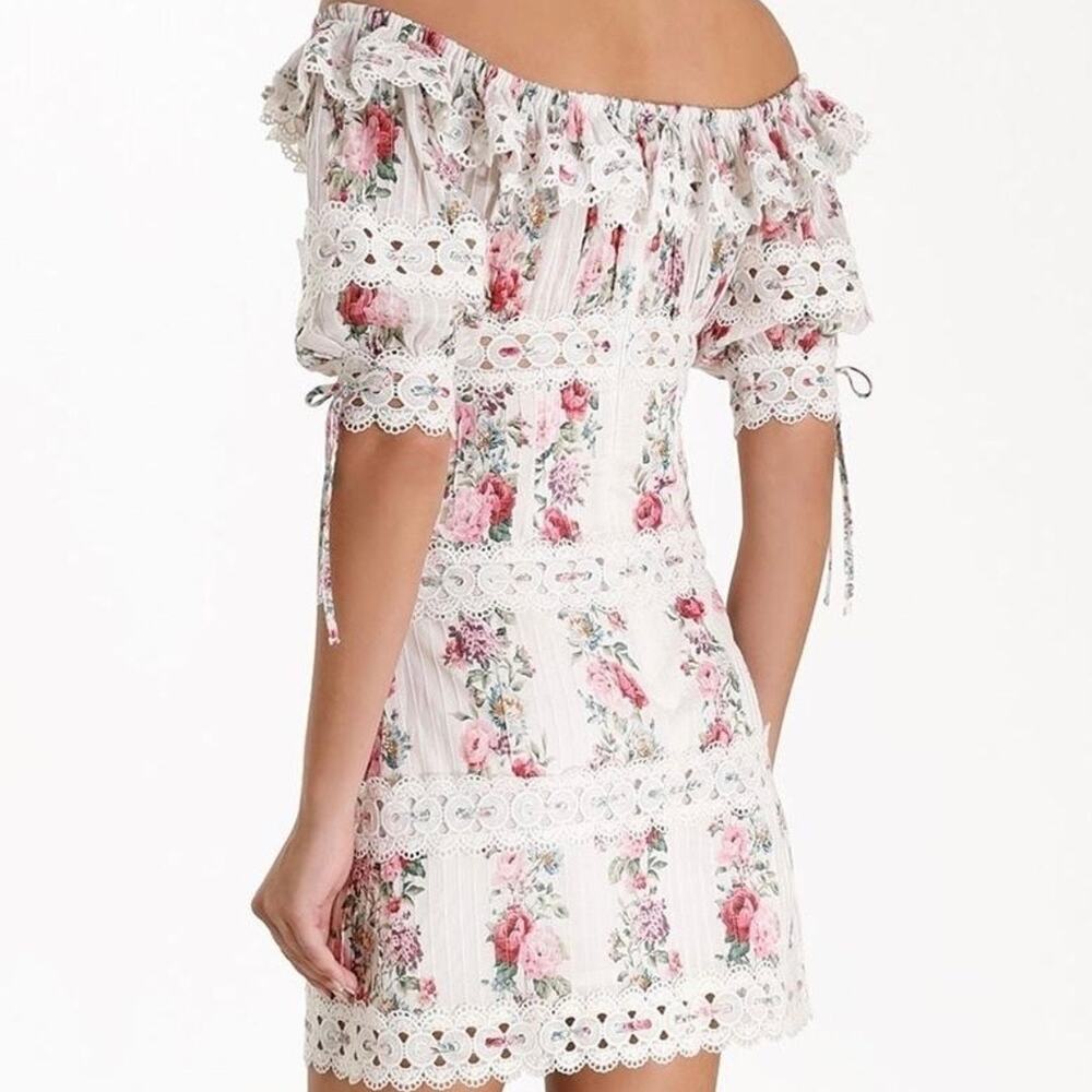 Zimmerman Honour Pintuck Panel Crochet Trim Pink Floral Off Shoulder Mini Dress - Picture 2 of 9